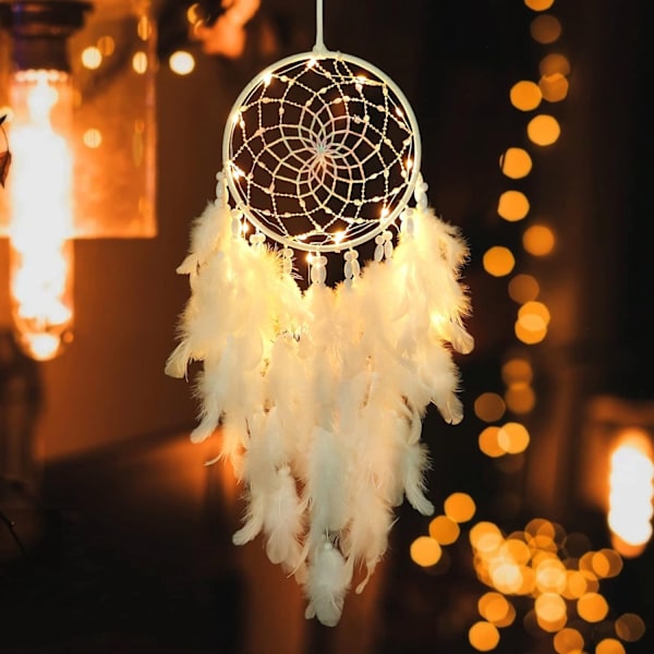 LED-drømmefanger til børn vægskilt Hvide fjer Drømmefanger med lyse perler Boho-indretning Vævet kunstornament Håndlavet gave til børneværelset