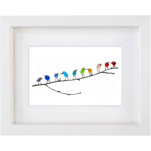 Havglas Regnbue Fugl, Havglas Kunst, Havglas og Drivtømmer Billede, Regnbue Fugl Væghæng - Perfekt White Frame 10 Birds