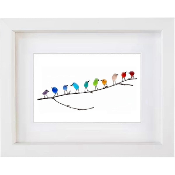 Havglass Regnbue Fugl, Havglass Kunst, Havglass og Drivved Bilde, Regnbue Fugl Veggdekor - Perfekt White Frame 10 Birds