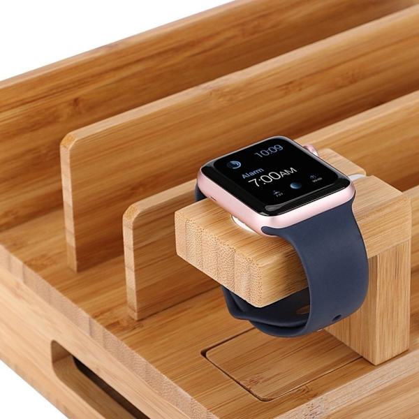 Natural Bamboo -latausasema, iPhone Dock Manager, Smart Watch, Tabletti (ei USB keskitintä) - Perfet