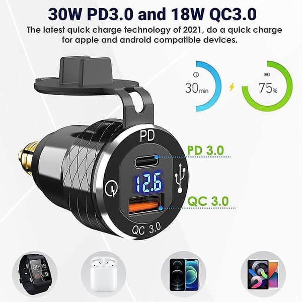 PD 3.0 Type C USB Hurtiglader Din til USB og 18W QC 3.0 Strømuttak med Voltmeter Kompatibel med 12V-24V Mo-Perfet