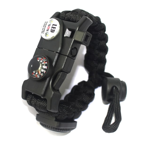 Survival Paracord-armband, eldstartare, vattentätt SOS-ljus, kompass, visselpipa, 20 i 1, Outdoor Ultimate Tactical Survival Gear Set, gåva-perfet svart