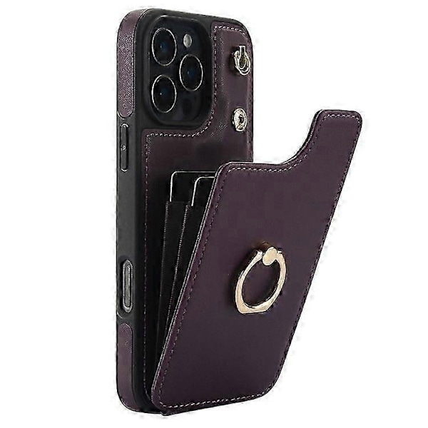 Kompatibel med iPhone 16 Pro Max Cover Kortholder Støtteben PU+TPU Telefon Cover med Skulderrem - Perfekt Dark Purple