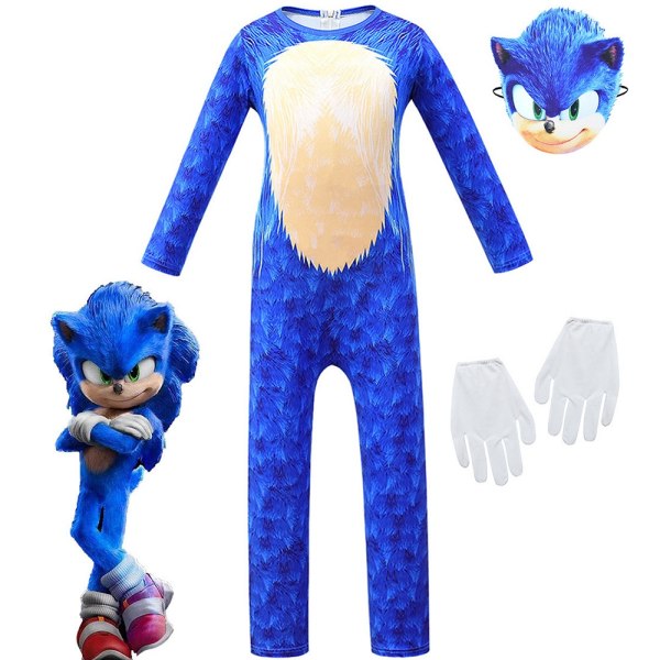 Sonic The Hedgehog Cosplay Halloween -vaatteet lapsille, pojille, tytöille - täydelliset Jumpsuit + Mask + Handskar 7-8 år = EU 122-128