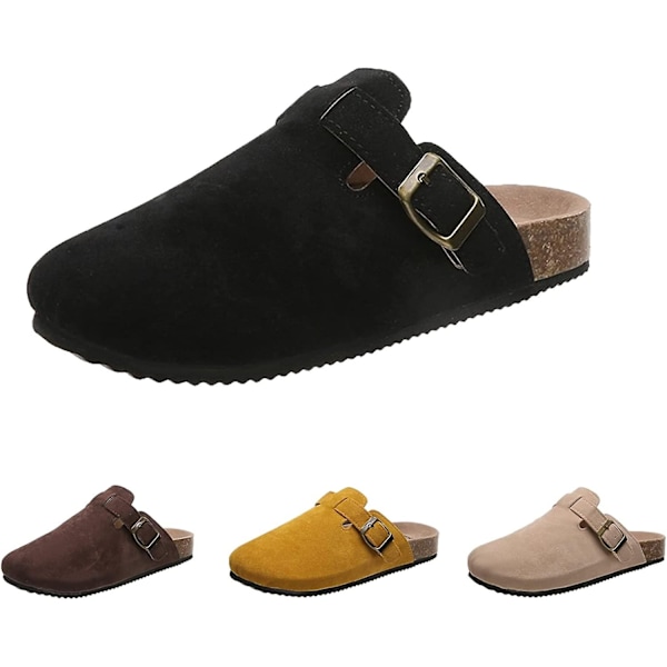 Korkeslippers for kvinner, myke tresko for kvinner, kvinners tresko-tøfler med buesupport og justerbar spenne-perfekt Black EUR38