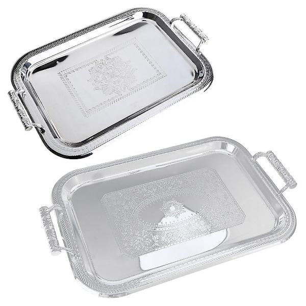 Nordisk Serveringsbrett i Rustfritt Stål med Håndtak Elegant Rektangulært Kaffebar Mat Holder Dessert Display Plate Dekor-Perfekt Silver L