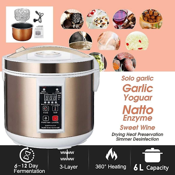 6L 220V Fuldautomatisk Sort Hvidløgsgæringstank Yoghurtmaskine Intelligent Styring DIY Kogegryde Hvidløgsgæringstank - Perfet