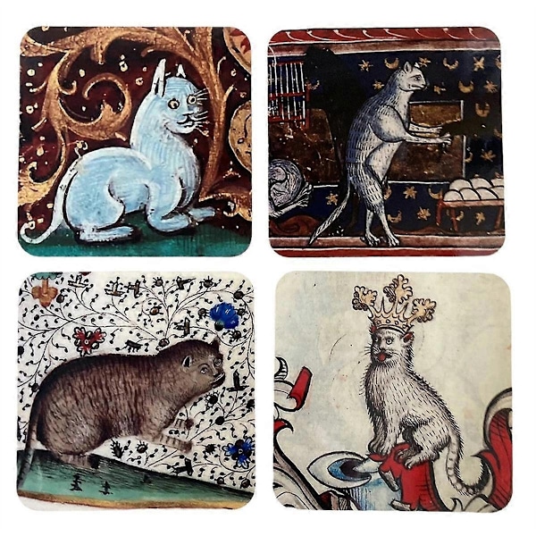 4 stk. Medieval Cat Coasters for Drikkesett Kattemønster Runde Coasters, Drikkeunderlag Kattecoaster - Perfekt