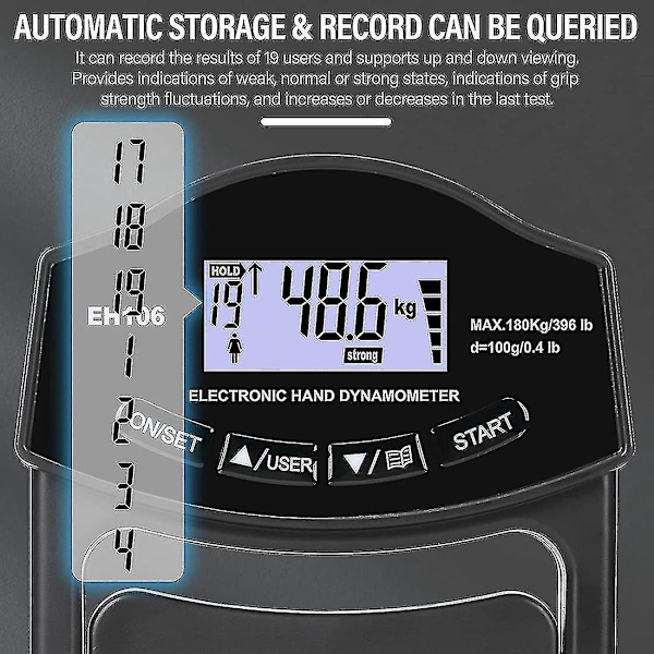 Kädenlujuusmittari, 396 lbs/180 kg digitaalinen käsidynamometri, otteen vahvuusmittari USB LCD-näyttö Käsikahvadynamometri - Perfet