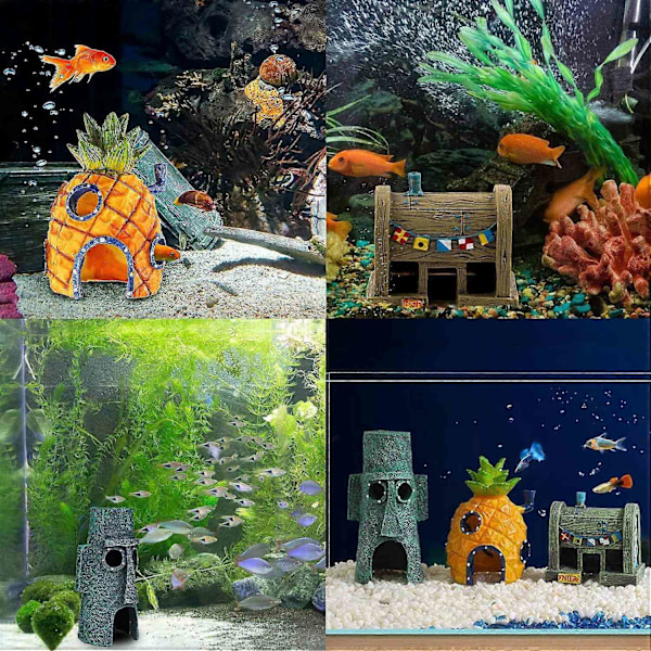 Dekorationer till akvarium med tecknade fiskar, hartsgrotta, gömställe för fiskar och räkor, harts, lämplig för undervattensdekoration, akvarium - perfekt