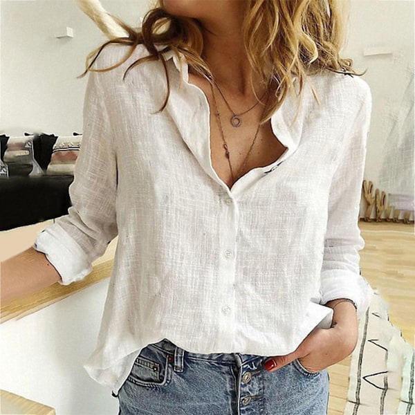 Løse linskjorter og bluser for kvinner med klassisk enkelknepping - Perfekt White 2XL