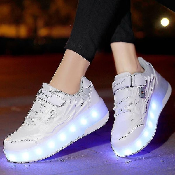 Childrens Sneakers Double Wheel Shoes Led Light Shoes Q7-yky - Perfet White 31
