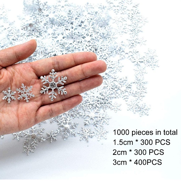1000 kpl lumihiutalekonfettikoristeita joulutalveen Silver