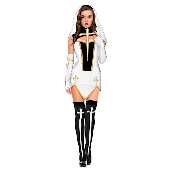 Sexy Nun Senior Costume Carnival Halloween Church Religious Convent Cosplay Fancy Party Dress-Perfet White XXL