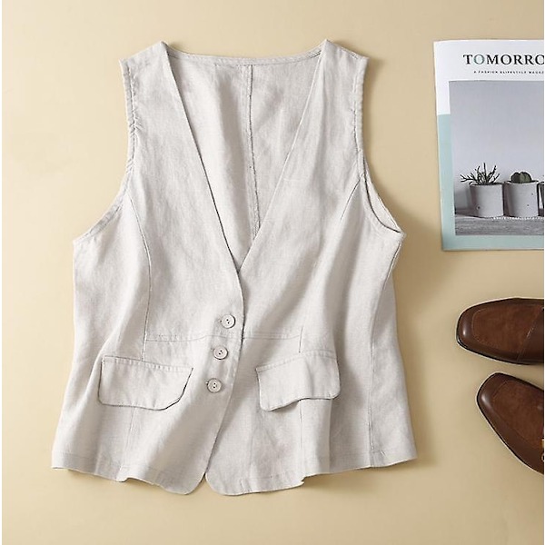 Dames Bomuldslinned Vest Casual Løs V-hals Ærmeløs Veste-Perfet Off White L