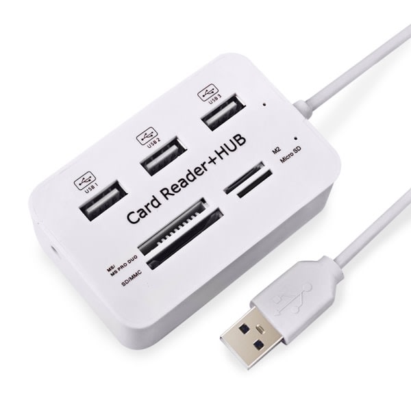 USB 2.0 Minneskortläsare + USB Hub (Höghastighet) Vit - Perfet
