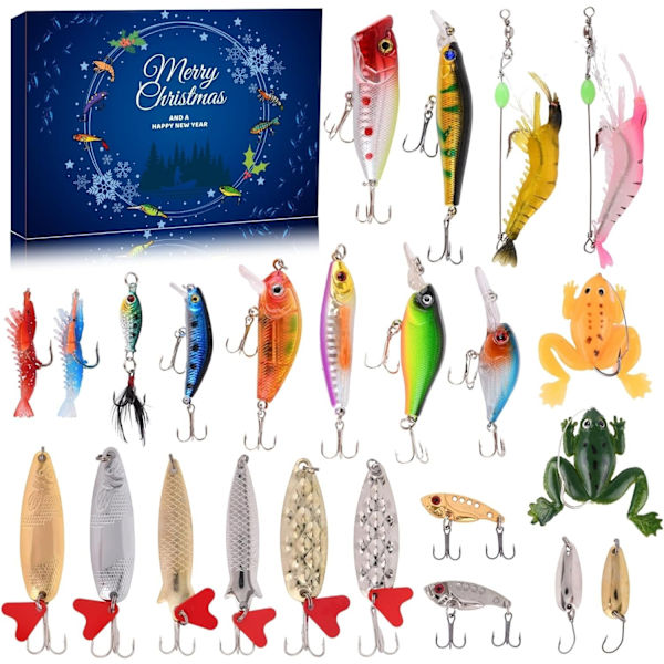 Fiskekalender 2024 - Sett med fiskeutstyr, fiskeutstyr for voksne menn og gutter, fisketilbehør (24 stk) - Perfekt