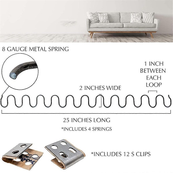 25 tommer Sofa Fjeder Reparationssæt til Reparation af Sofa Støtte Kompatibel med Hængende Hynder Inkluderer 4 stk. Fjedre, Møbelpolstring Fjederclips Et-Perfet