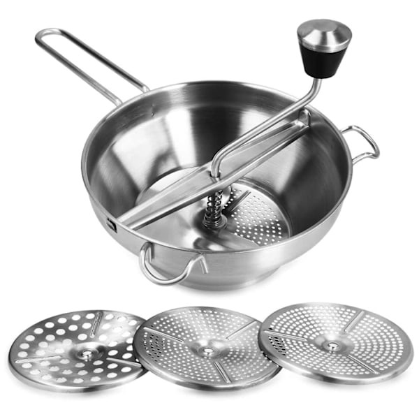 Rustfrit Stål Si med 3x Sigteindsatser - Si Mølle til Suppe, Marmelade, Babygrød, Saucer - 3 Sigteindsatser - Mølle Presse-Perfet