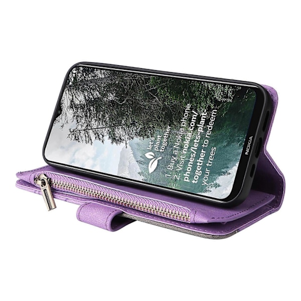 Plånboksfodral för Nokia G20/G10 med blixtlåsficka, nio kortplatser, PU-läder, magnetiskt spänne, kompatibel med Nokia G20/G10 - Perfekt Purple