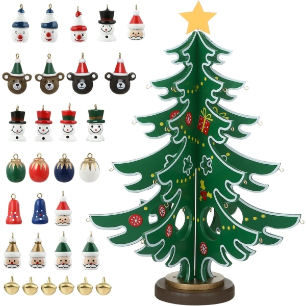 Adventskalender 2023 24 dages julenedtællingskalender Trætræ med miniature ornamenter Bordplade DIY Minitræ til julebordpynt