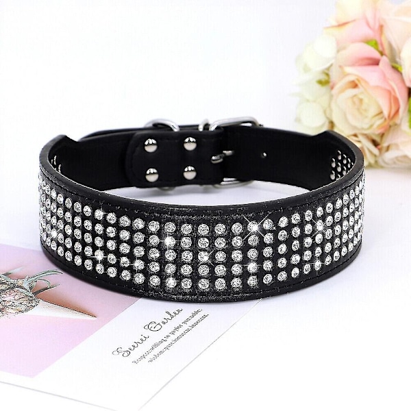 5 Rækker Rhinestone PU Læder Hundekrave Diamant Bling til Store Hunde 2,0\" bred - Perfekt Black XL Neck 48-55cm