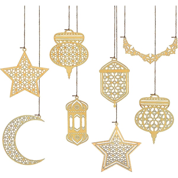 8 kpl Islam Ramadan Puinen riipus koriste, Ramadan Kareem -koristelu, Moon Star Tuulen valon muotoinen riipus koristeena muslimien ramadanille - Perfet