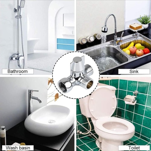 Vattenavledningsventil, G1/2" avledningsventil, trevägsvattenavledare, T-formad adapter av mässing Avledare för toalett, bidé, dusch, kök (silver)