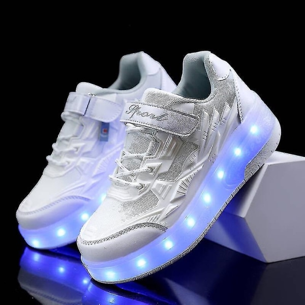 Childrens Sneakers Double Wheel Shoes Led Light Shoes Q7-yky - Perfet White 30