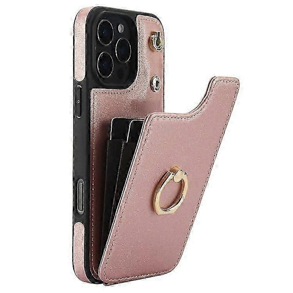 Kompatibel med iPhone 16 Pro Max Cover Kortholder Støtteben PU+TPU Telefon Cover med Skulderrem - Perfekt Rose Gold