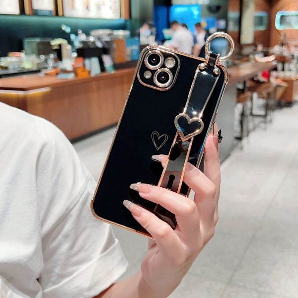 Söt glänsande pläterad phone case med handledsrem för iPhone 14 Pro Max, svart case - Perfet