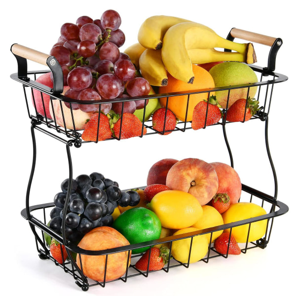2-trins frugtkurv bordplade frugt grøntsagskurv skål til køkken bordplade metal tråd opbevaringskurv frugtstativ holder - Perfet