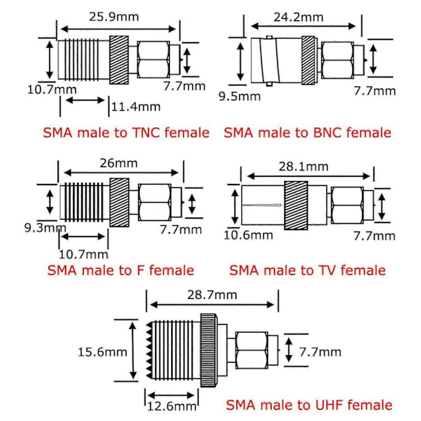 10 kpl SMA-sovitinsarjoja SMA-uros /BNC/UHF/MCX/SMB/TV/TNC-naaras - Perfet
