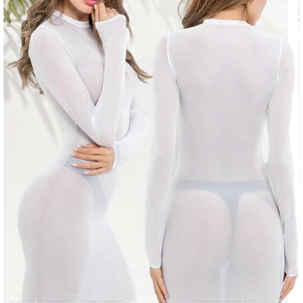 Dame Sexy Dame Svart Kjole Mini Skjørt med Lange Ermer Transparent-Perfekt White XL