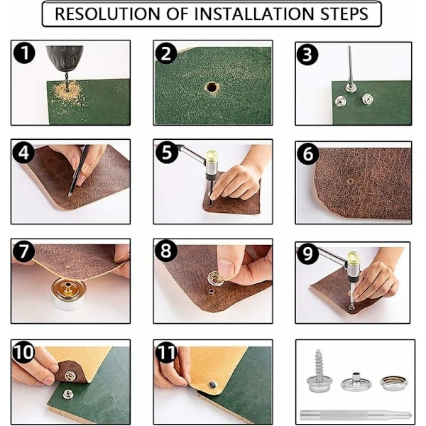 Pakke med 50 marine trykknapper i rustfritt stål med 2 installasjonsverktøy (10 mm), trykknapper, presenningstrykknapper, metalltrykknapper, presenningsskruer, stålpinner - Perfekt