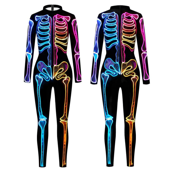Skelet kostume Halloween dekoration Cosplay jumpsuits Farverig skelet krop 3d Stretch Skinny - Perfet L