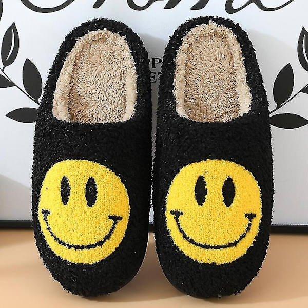 Retro Smiling Face Pehmeä Pehmo Mukavat Lämpimät Slip-on Tohvelit Pariskunnille Talven lämpimät sisätarvikkeet - Perfet Black 39 40