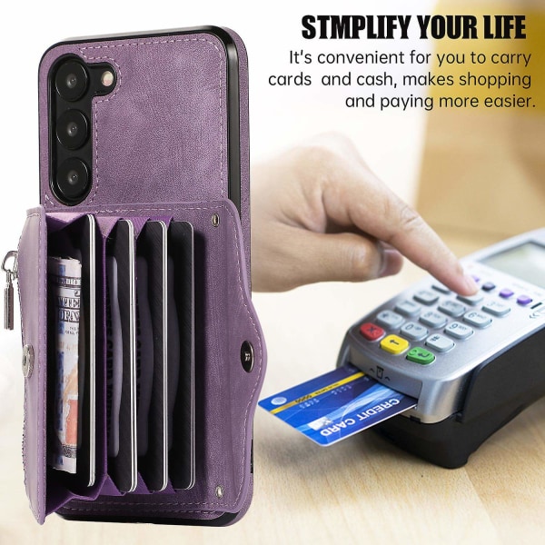 Anti-støv Pu læder+tpu telefon cover til Samsung Galaxy S23 Rfid blokerende kort cover Kickstand Cover - Perfet Purple