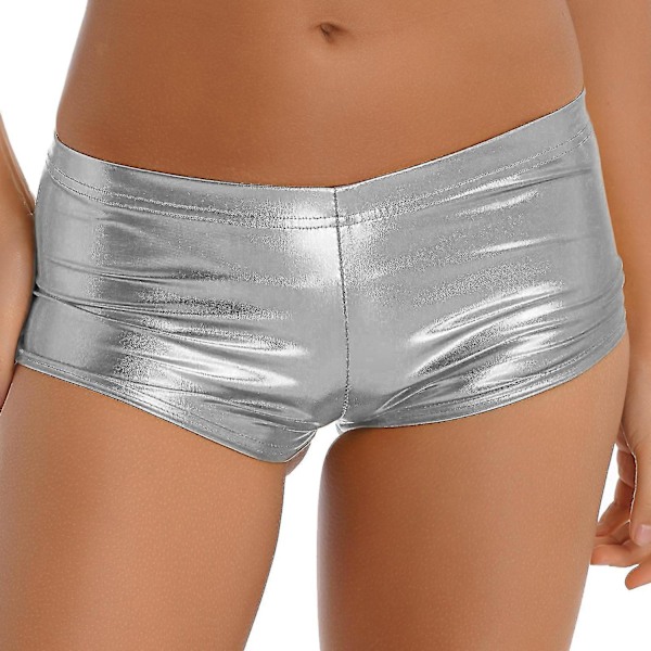 Kvinders Pole Dance Shorts Højtaljet Metalisk Glansende Laklæder Hot Shorts Træning Rave Party Pole Dance Bund Clubwear-Perfet B Silver L