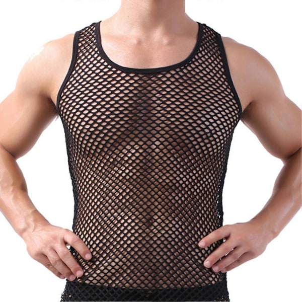 Fianao Herrarnas Underkläder Mesh Genomskinlig Pyjamas Fiskgarn Solid Färg Väst Sov Perfekt Black L