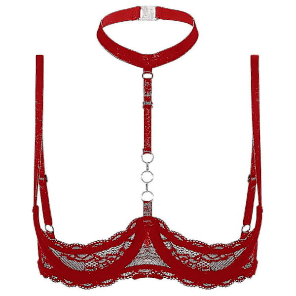 Dam 1/4-kupa bygel-bh halterneck O-ring transparent spets push-up bh underkläder öppen byst bh underkläder-Perfet Red A XXL