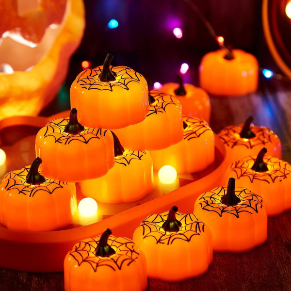 Pumpkin Tealights 12-Pack flimrende LED Pumpkin Tealights Batteridrevne Flameless Pumpkin Tealights for Halloween og tema - Perfet