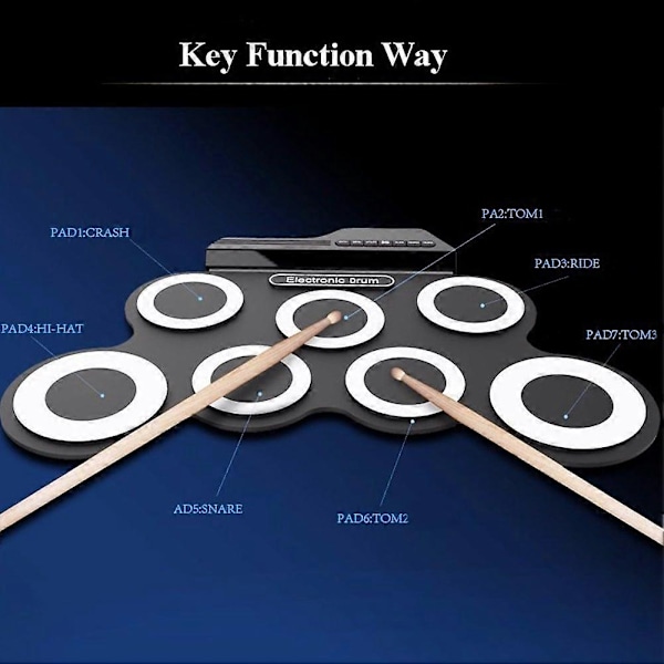 Elektronisk Trommesæt, Bærbar Rulbar Trommeøvepude Trommesæt med Trommepedal Trommestikker, Gave til Børn Voksne - Perfet