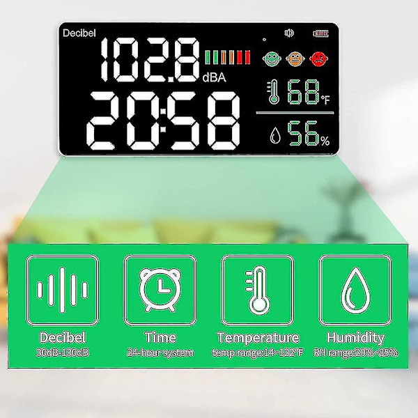 Decibelmåler Vægmontering Lydniveau Måler 30-130db Område 11 Tommer LED Display Støj Tid Temperatur-Perfekt