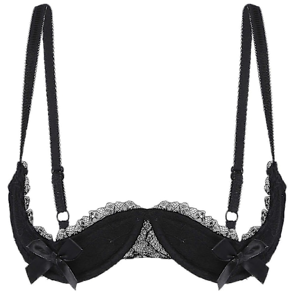 Dam 1/4-kupa bygel-bh halterneck O-ring transparent spets push-up bh underkläder öppen byst bh underkläder-Perfet Black B L