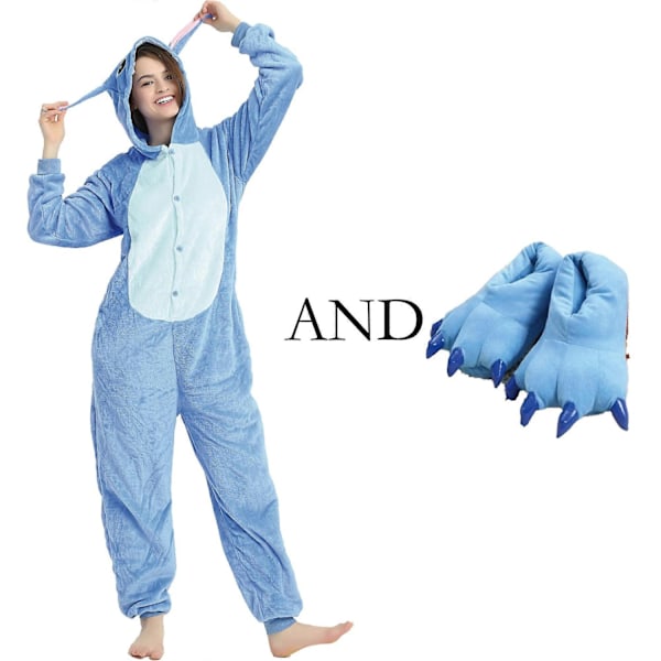 Stich Onesie Pyjamas för Vuxna Anime Stitch Angel Söt Kostym Jumpsuit Onesies Hooded Sovkläder Halloween Cosplay för Män Kvinnor-Perfet BlueOnesie andShoes S suits 142-150cm