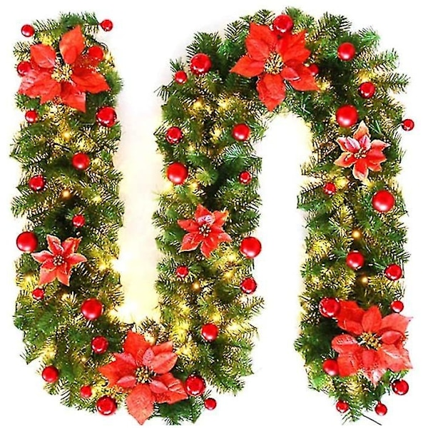 9ft Förbelyst Julkrans med Ljus Dörrkrans Julbraskamin Dekorationer-Perfekt Red with Light