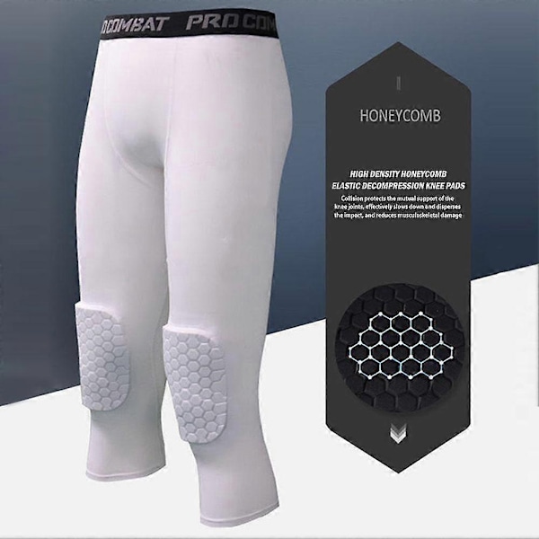 Mænds Sikkerheds Anti-kollision Bukser Basketball Træning 3/4 Tights Leggings med Knæpuder Beskytter Sports Kompressionsbukser-Perfet white XL