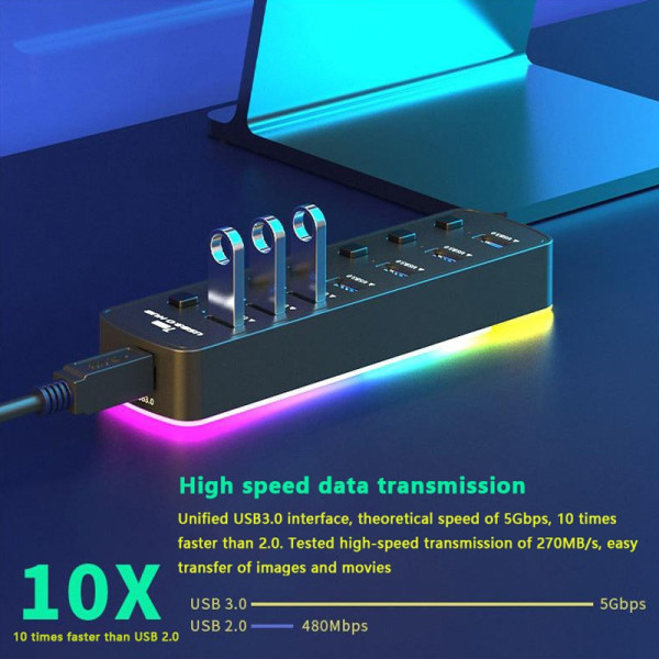 RGB USB 3.0 Hub 7 Ports Dataport Adapter 5 Gbps High Speed ​​​​Indi- Perfet USB