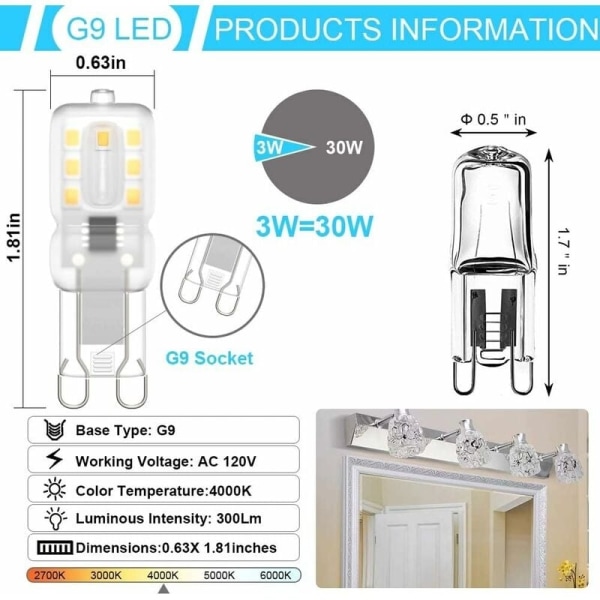 G9 LED-lampa, G9 LED 220V Naturvit 3000K 3W halogenekvivalent 30W halogenljus 8-pack - Perfet